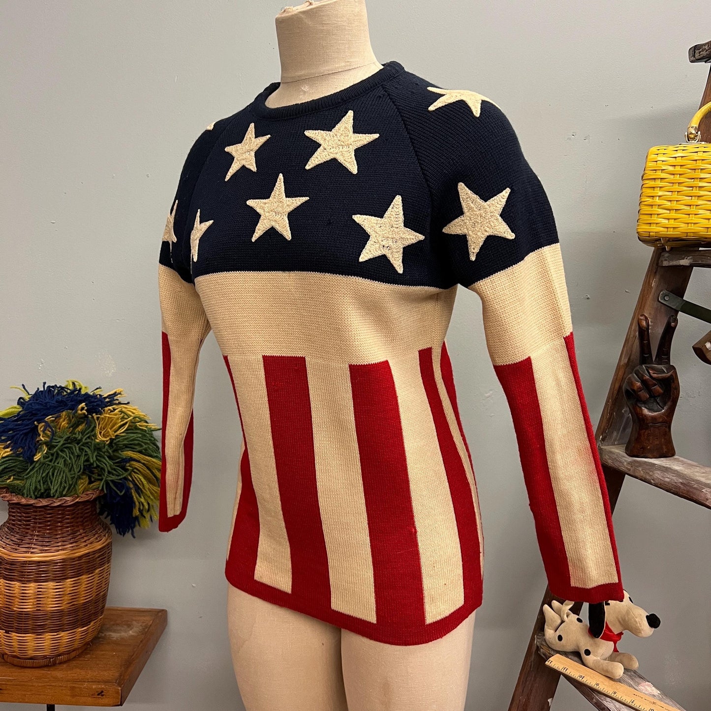 vtg 70s AMERICAN FLAG SWEATER // vintage lido of California small retro vote americana folk pop art bicentennial american woman stars stripe