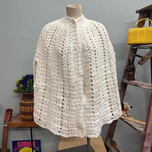 Vtg 70s WHITE KNIT PONCHO // vintage xl crochet cape mod hippie retro wearable blanket shawl angelic autumn cottage core stylish cute winter