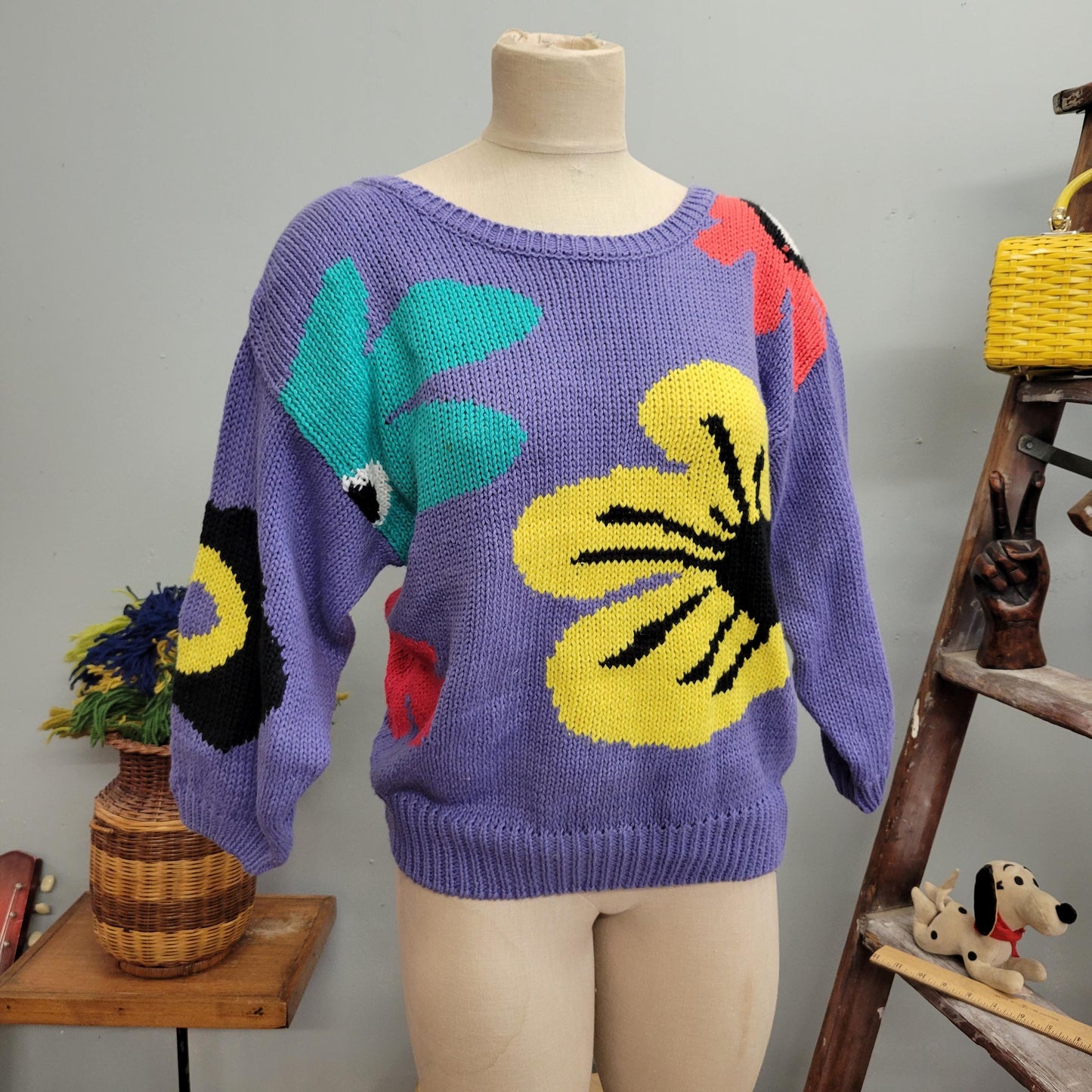 vtg 80s FLORAL KNIT SWEATER // vintage michael carrie medium womens abstract flower power lavender pastel autumn casual preppy mod knit top
