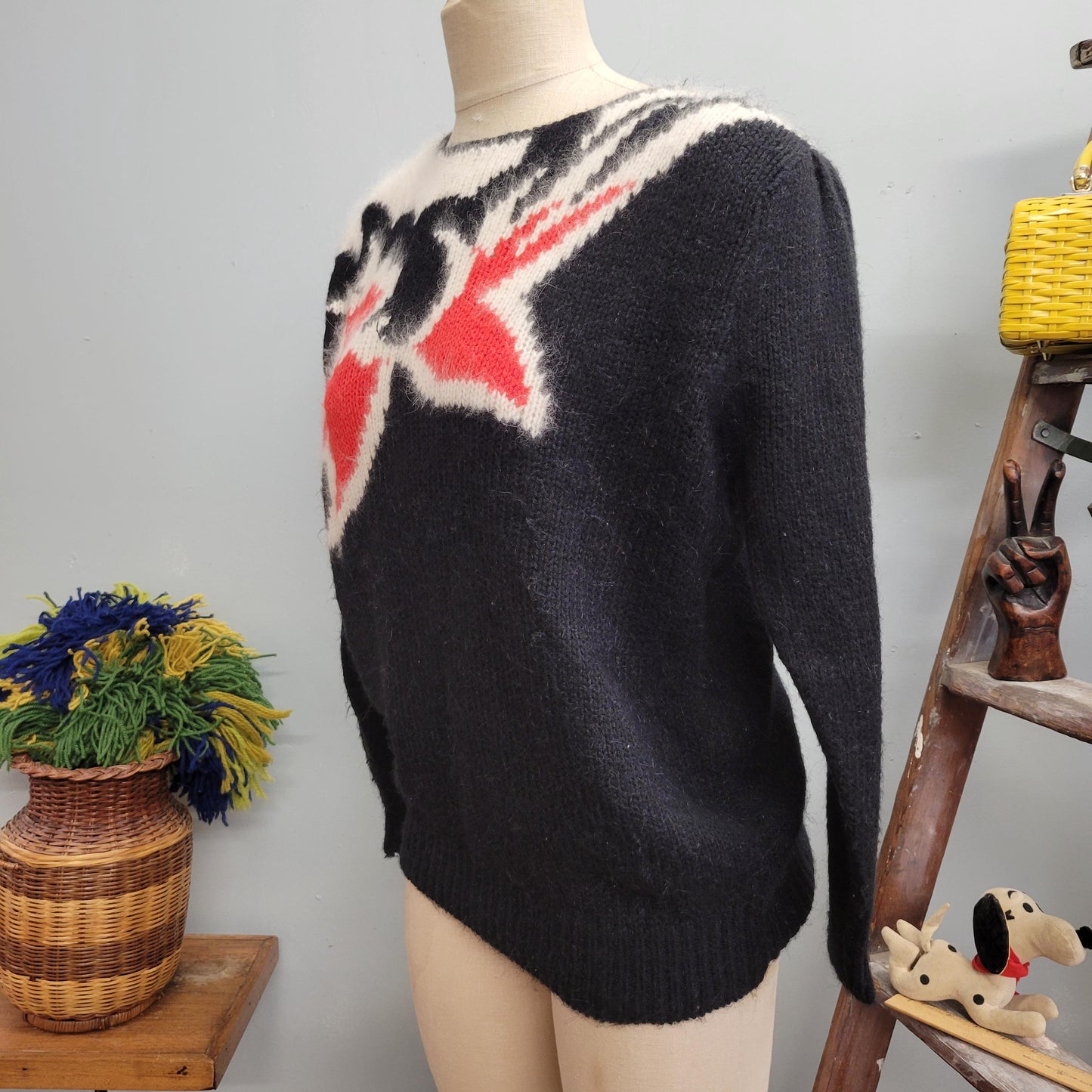 vtg 80s ANGORA FUR SWEATER // vintage angenie large womens furry fuzzy black red shaggy fancy autumn winter stylish abstract pattern feather