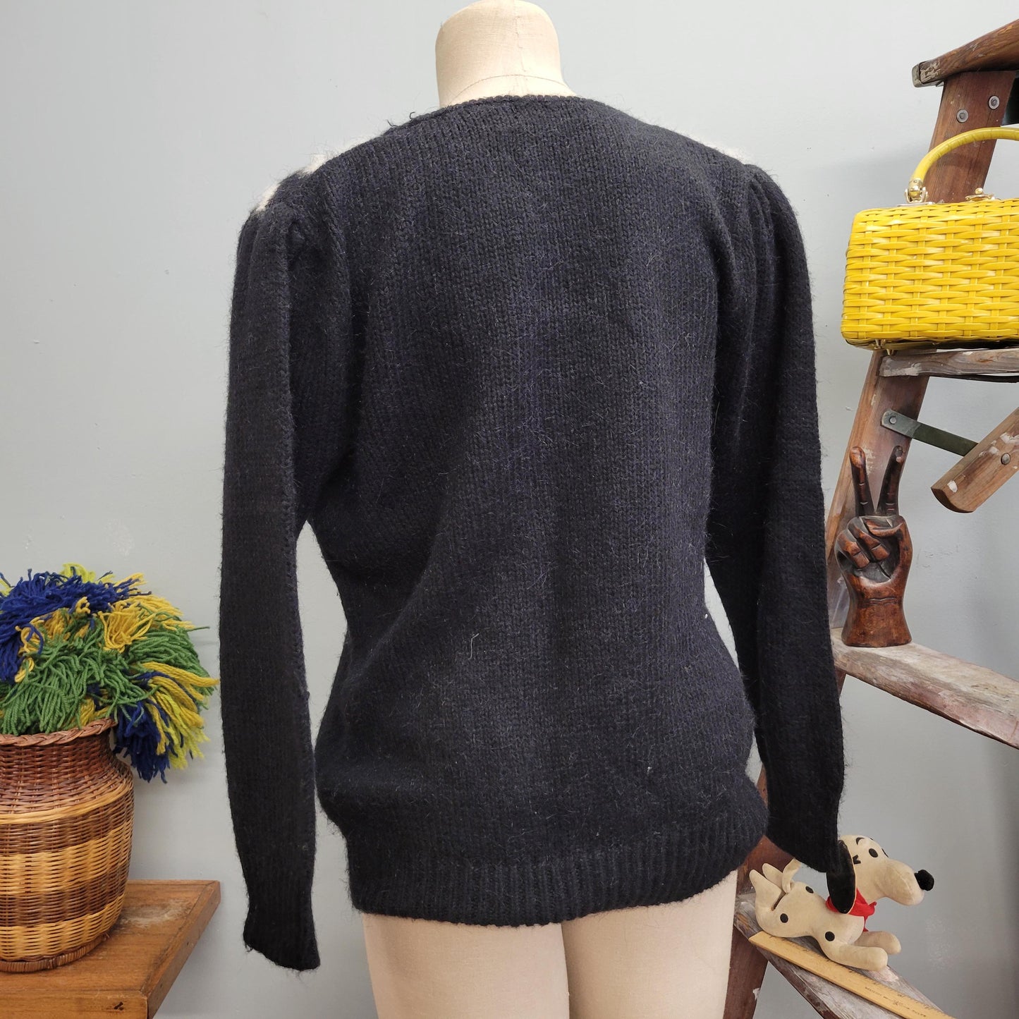 vtg 80s ANGORA FUR SWEATER // vintage angenie large womens furry fuzzy black red shaggy fancy autumn winter stylish abstract pattern feather