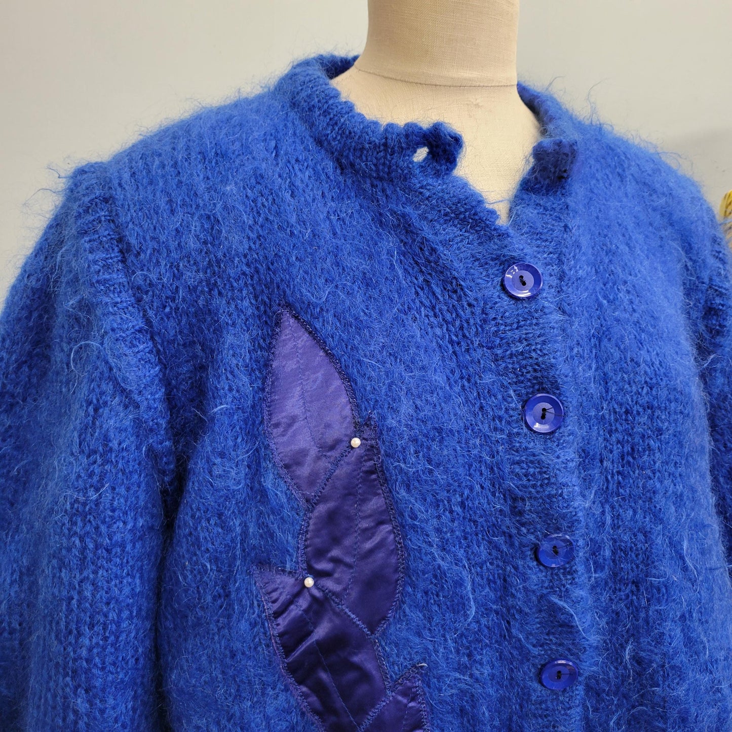 vtg 80s BLUE MOHAIR JACKET // vintage large shaggy bright jewel tones boxy sweater jacket oversized button up retro cardigan embroidered