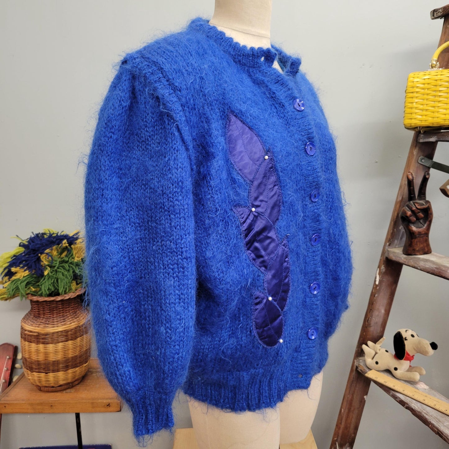 vtg 80s BLUE MOHAIR JACKET // vintage large shaggy bright jewel tones boxy sweater jacket oversized button up retro cardigan embroidered