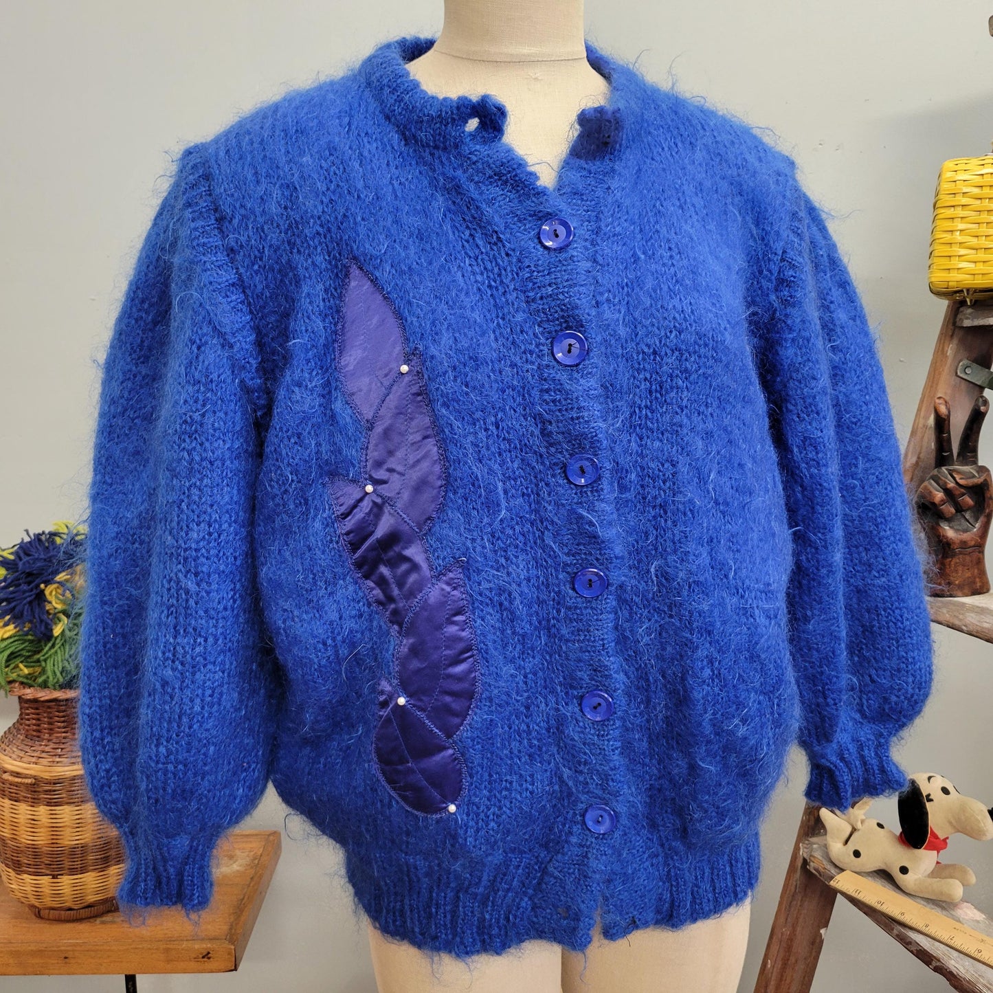 vtg 80s BLUE MOHAIR JACKET // vintage large shaggy bright jewel tones boxy sweater jacket oversized button up retro cardigan embroidered