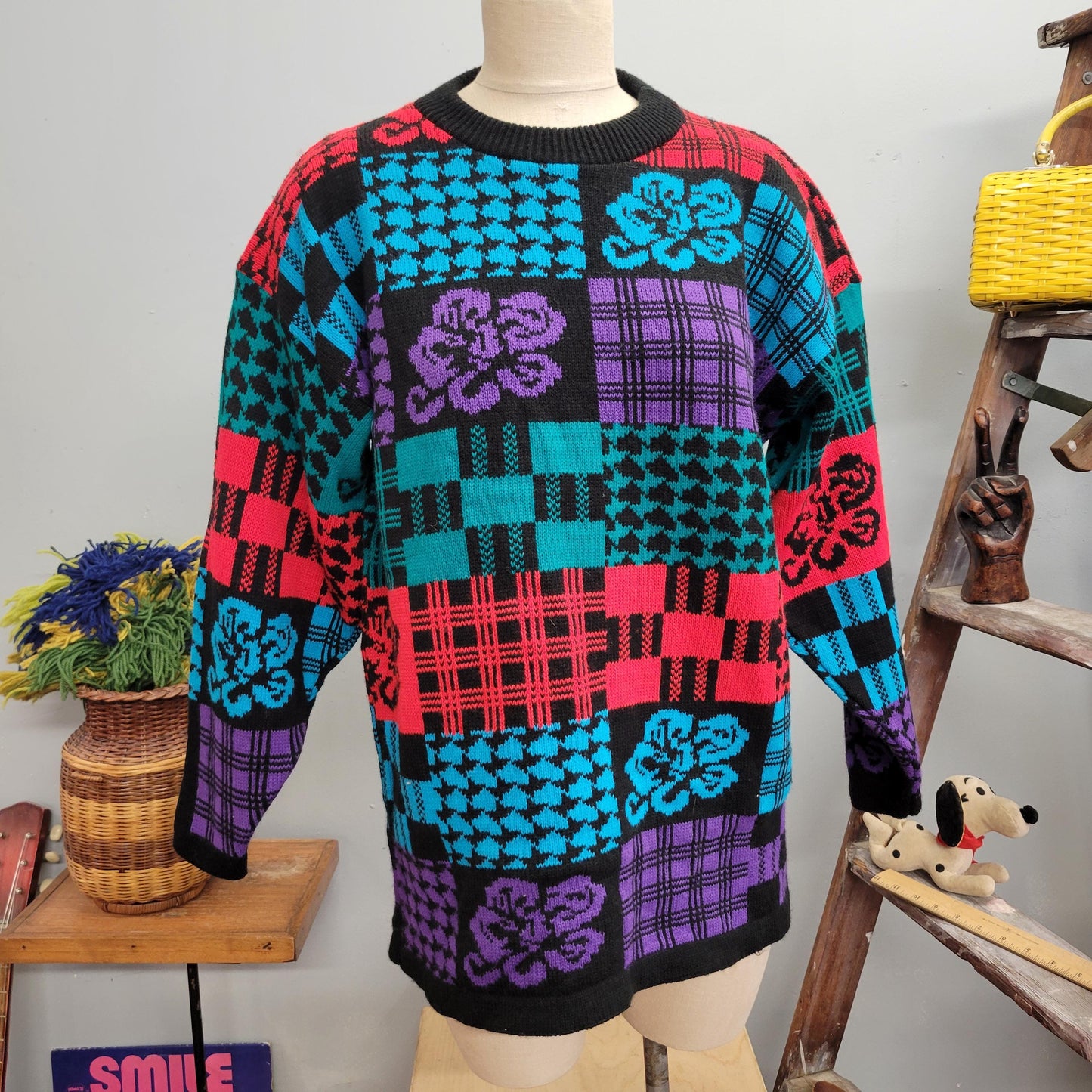 vtg 80s FUNKY PATTERN SWEATER // vintage traffic jam xl deadstock abstract checkered oversized womens autumn bright neon chunky knit retro