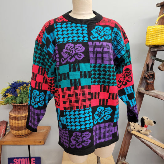 vtg 80s FUNKY PATTERN SWEATER // vintage traffic jam xl deadstock abstract checkered oversized womens autumn bright neon chunky knit retro