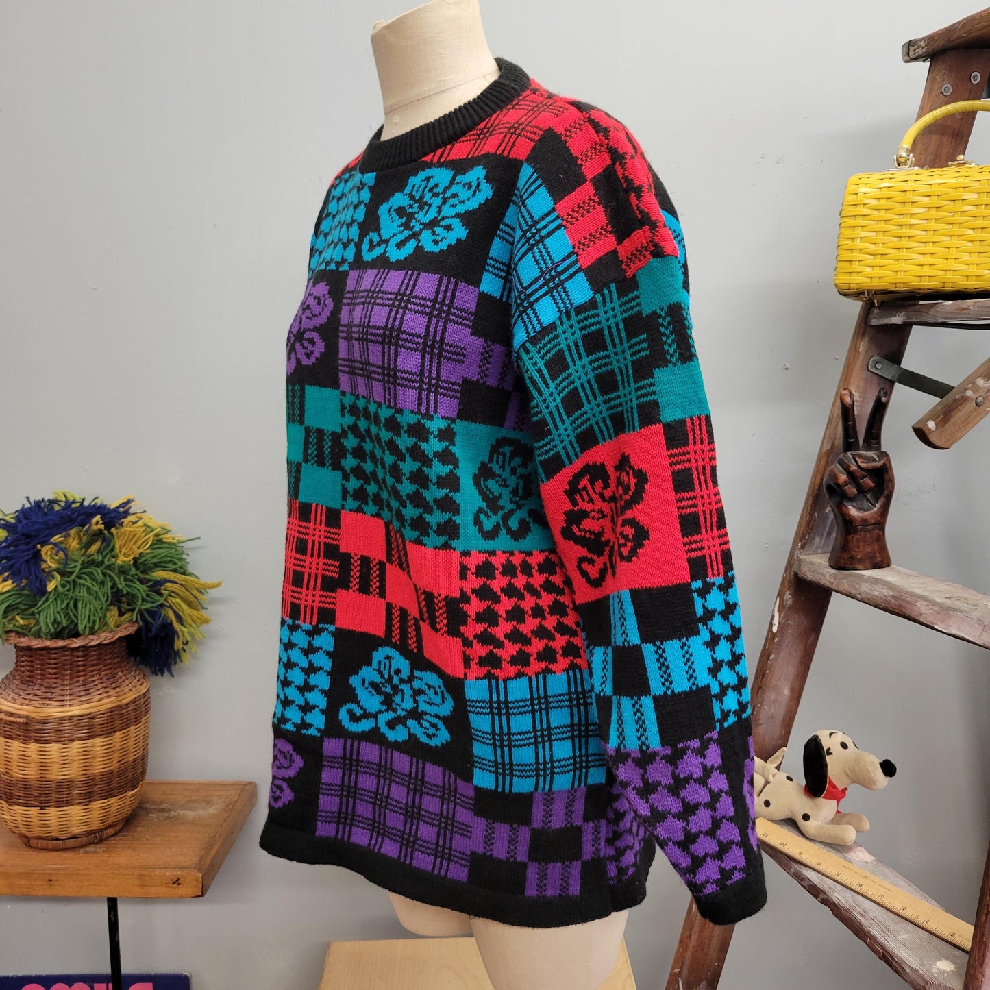 vtg 80s FUNKY PATTERN SWEATER // vintage traffic jam xl deadstock abstract checkered oversized womens autumn bright neon chunky knit retro