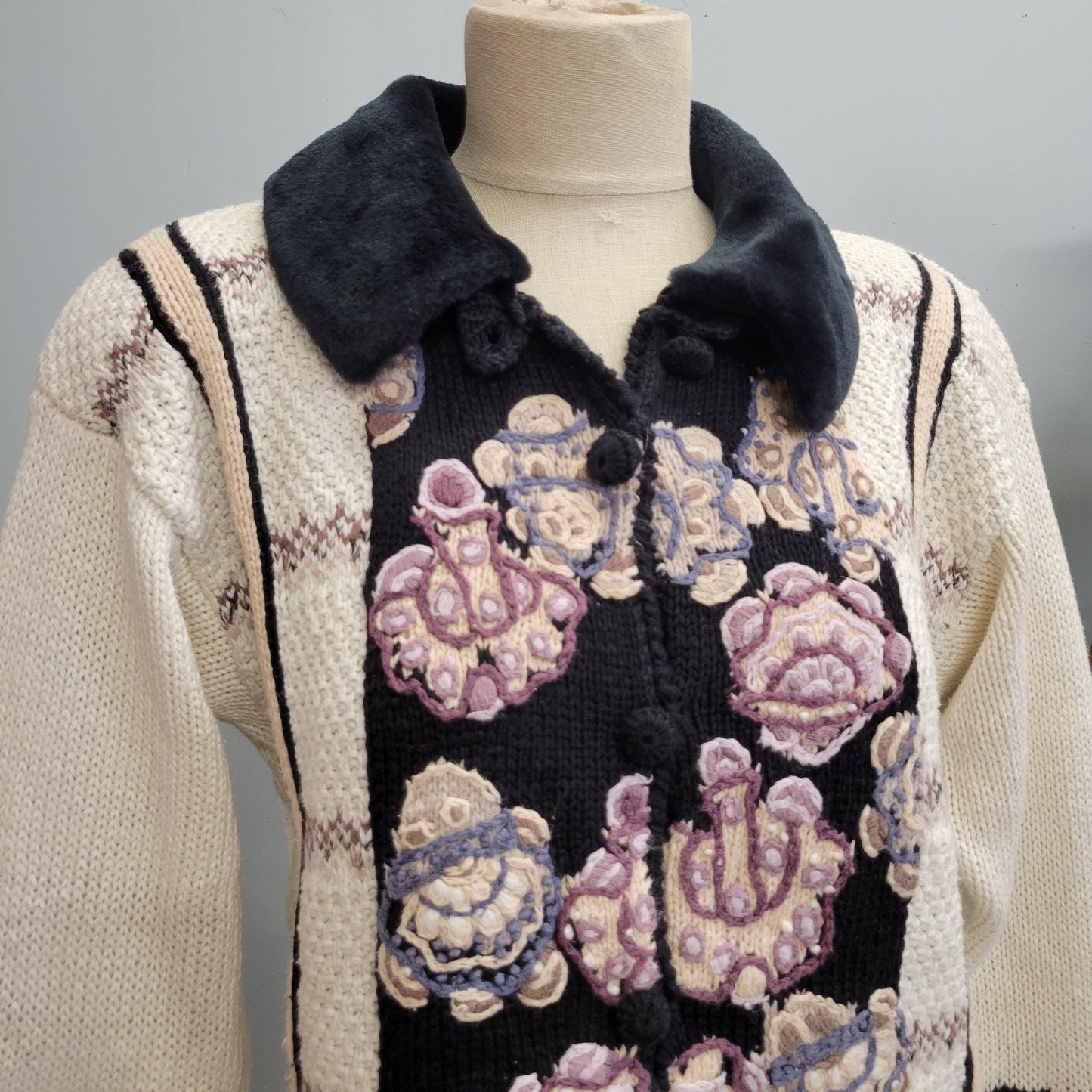 vtg 90s EMBROIDERED FUR SWEATER // vintage stitches in time small womens collared floral sweater jacket autumn cottage style preppy casual