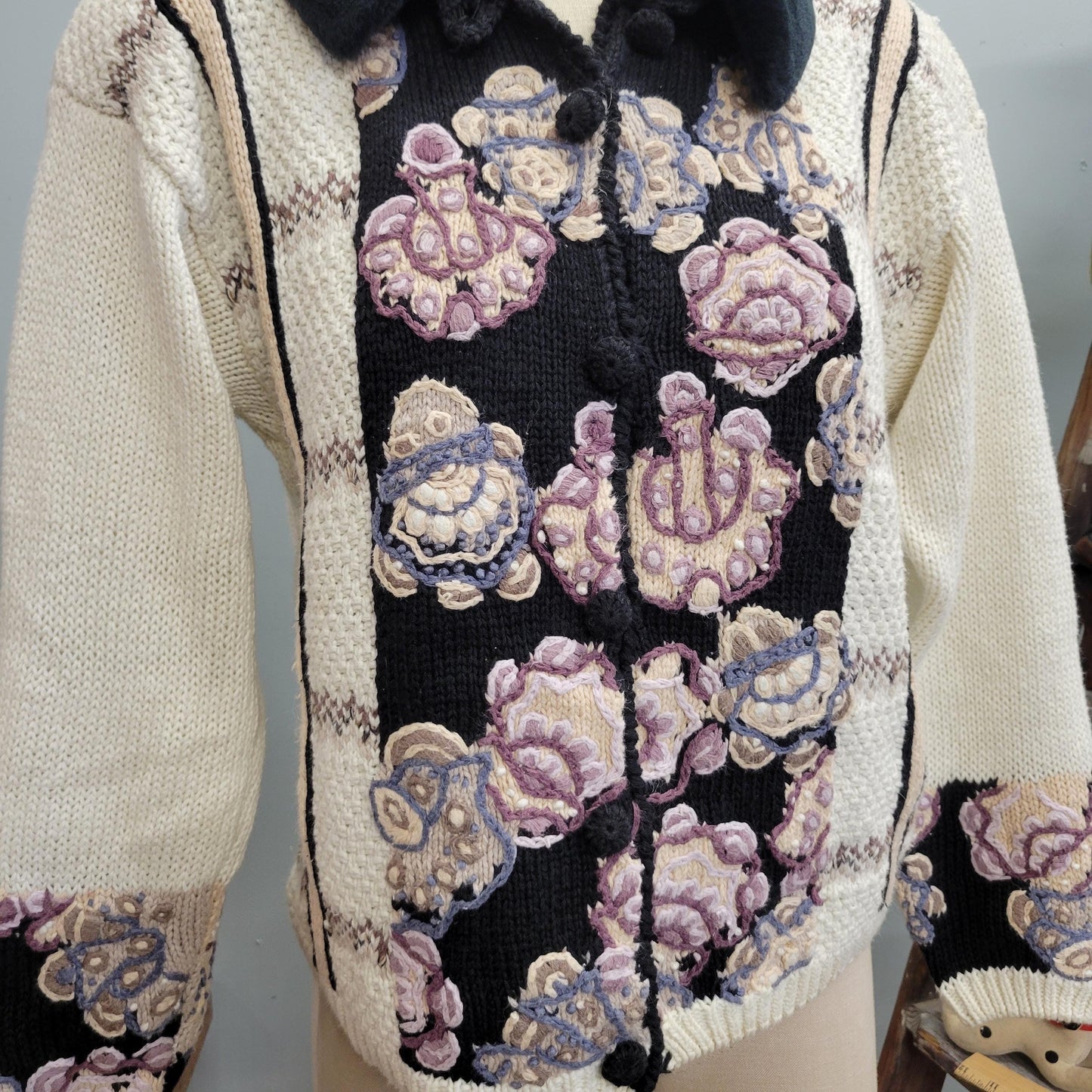 vtg 90s EMBROIDERED FUR SWEATER // vintage stitches in time small womens collared floral sweater jacket autumn cottage style preppy casual