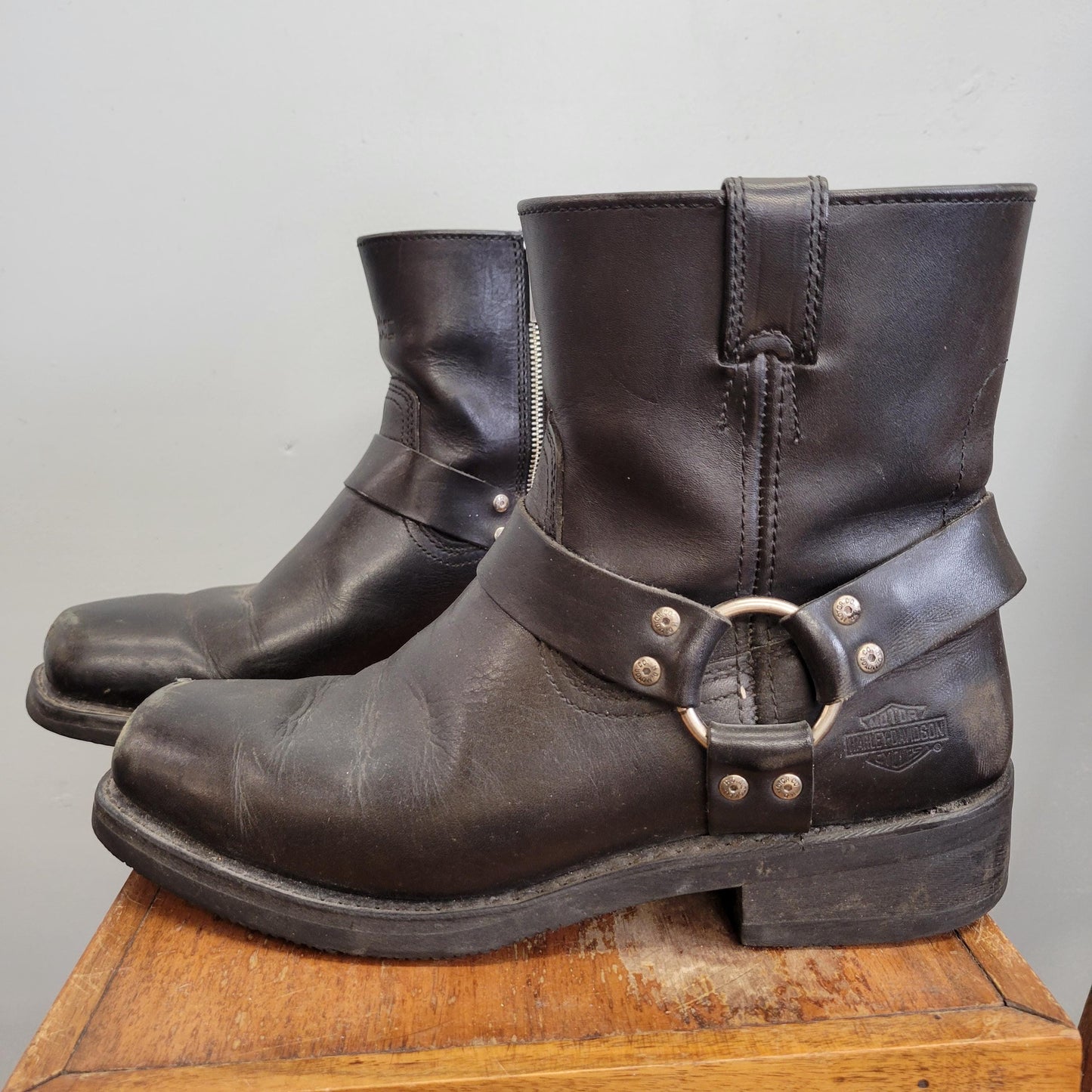vtg 80s HARLEY DAVIDSON BOOTS // vintage leather size 10 mens usa harness biker boots silver hoop zip ankle boots western easy rider rugged
