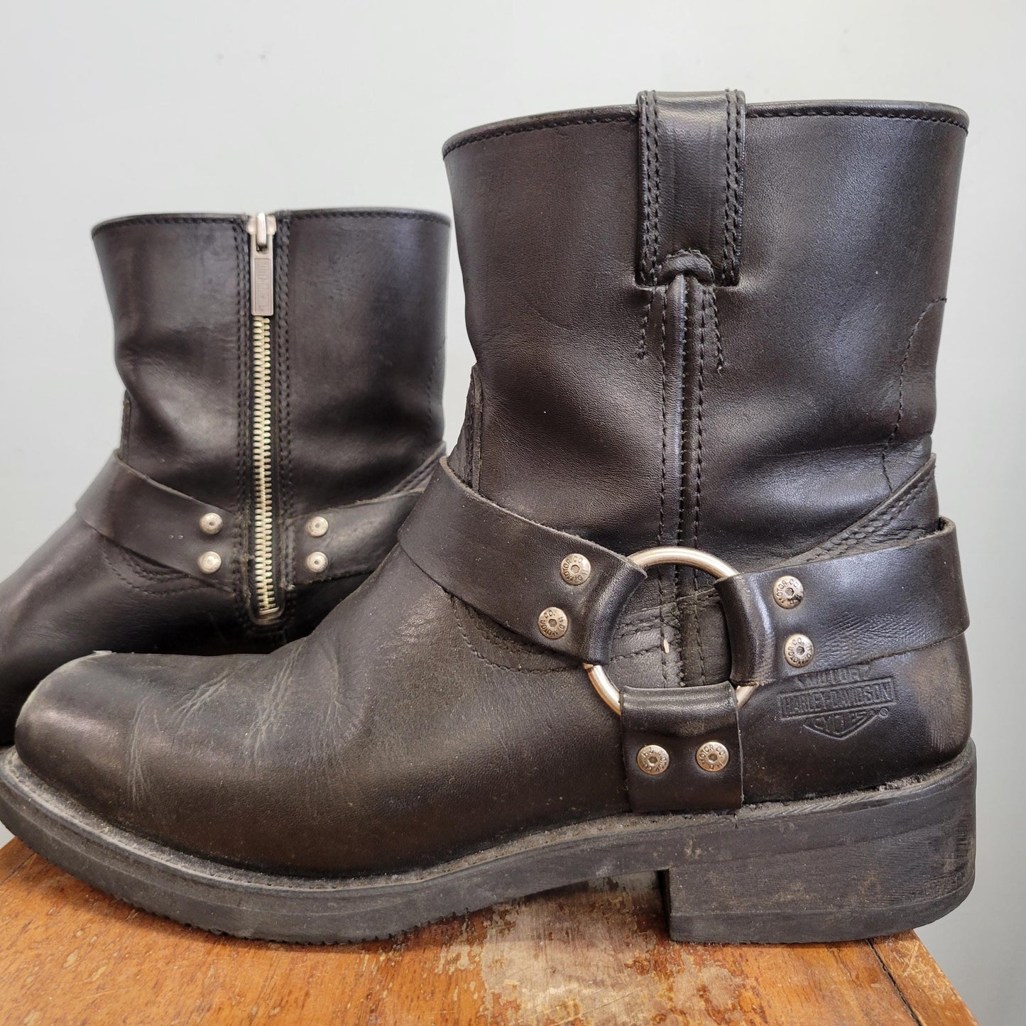 vtg 80s HARLEY DAVIDSON BOOTS // vintage leather size 10 mens usa harness biker boots silver hoop zip ankle boots western easy rider rugged