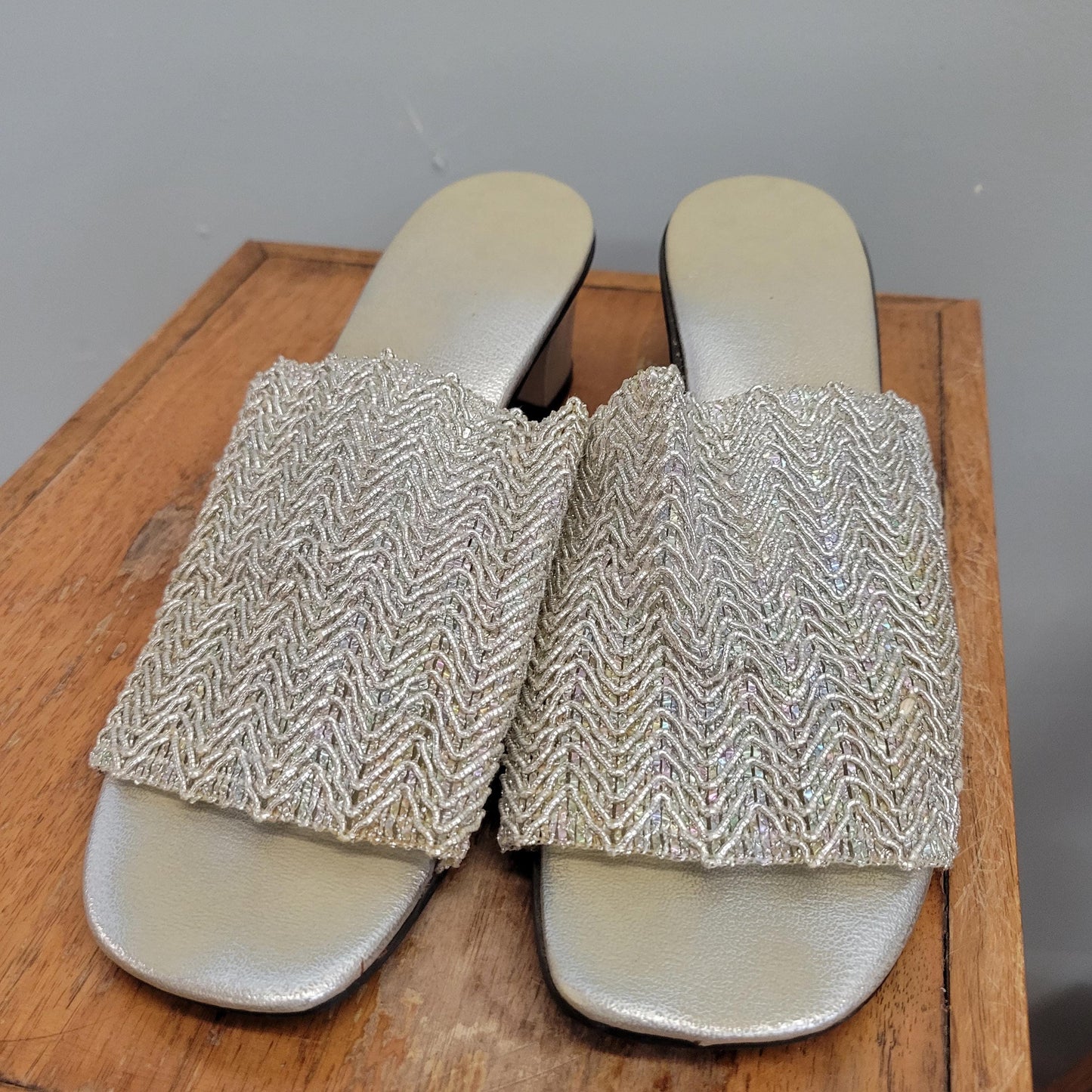 vtg 60s IRIDESCENT BEADED SANDALS // vintage gustave 9.5  womens silver slip on platform sandals twiggy mod retro fancy mod stacked slippers
