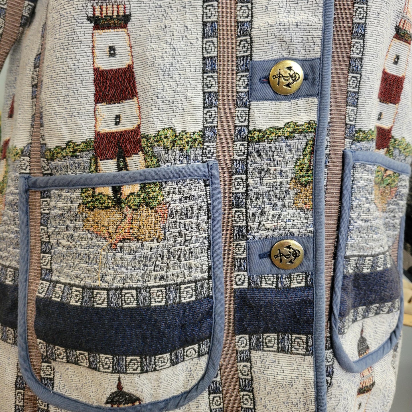 vtg 80s LIGHTHOUSE TAPESTRY JACKET // vintage blair large womens blanket all over print nautical ocean beach coastal autumn style fashion