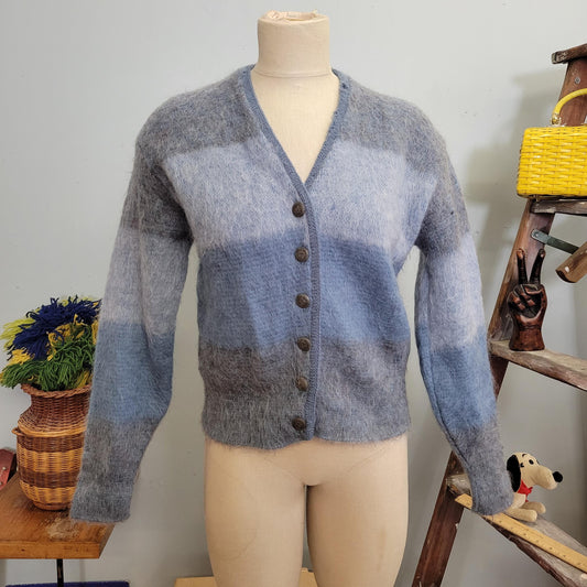 vtg 60s BLUE MOHAIR CARDIGAN // vintage lady campus women’s large patchwork striped ombré multicolor pastel shaggy cobain grunge rockabilly