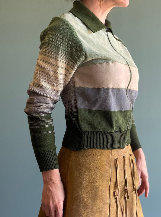 vtg 70s SUEDE PATCHWORK SPACE Dye // vintage montage medium zip up pointy collar mod hippie boho pastel green suede striped sweater jacket