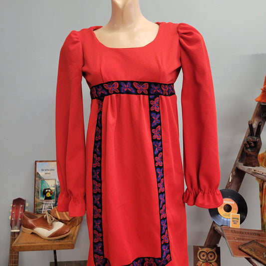 vtg 70s BUTTERFLY MAXI DRESS // vintage xtra small tapestry embroidered butterfly retro puffed sleeve psychedelic mod hippie petite womens