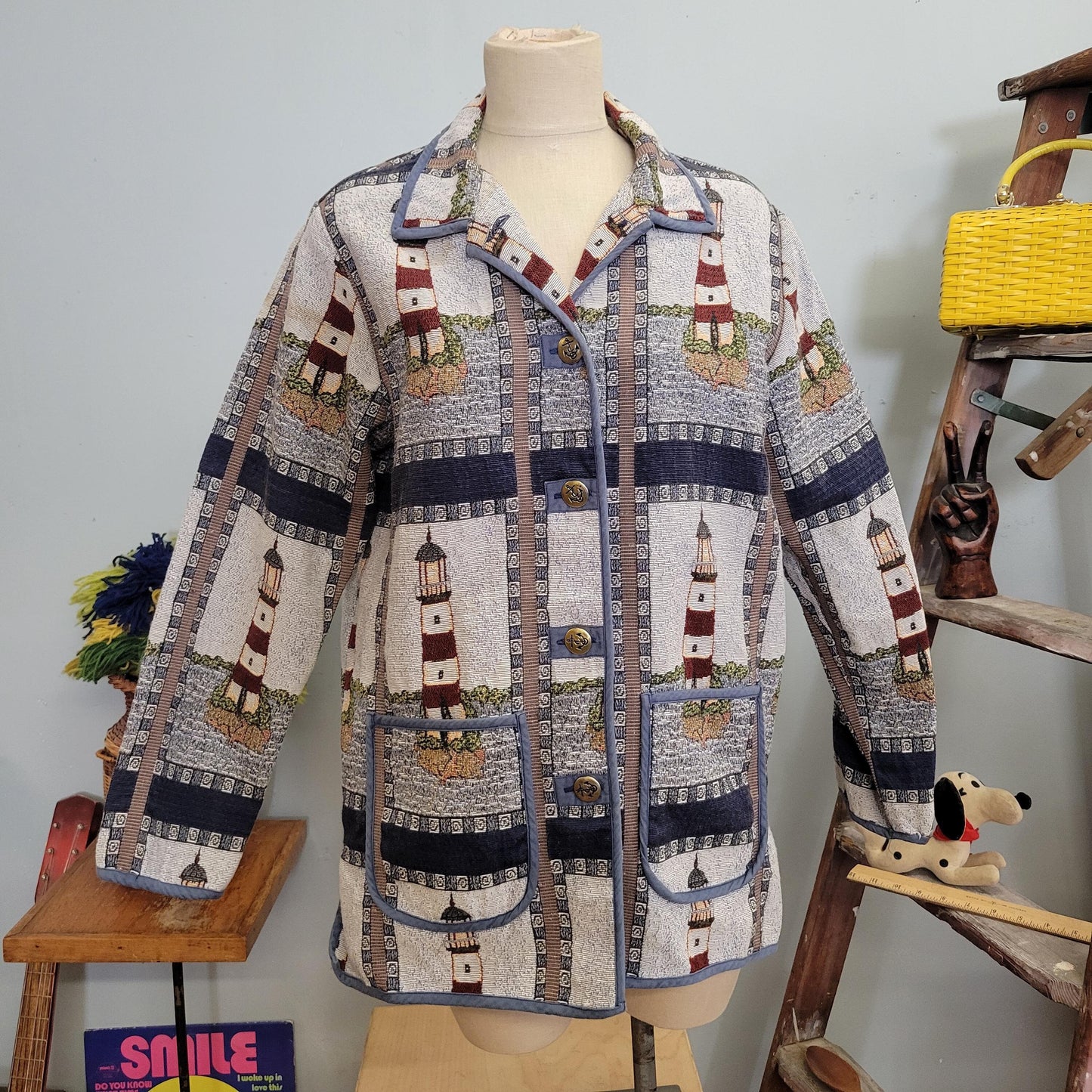 vtg 80s LIGHTHOUSE TAPESTRY JACKET // vintage blair large womens blanket all over print nautical ocean beach coastal autumn style fashion