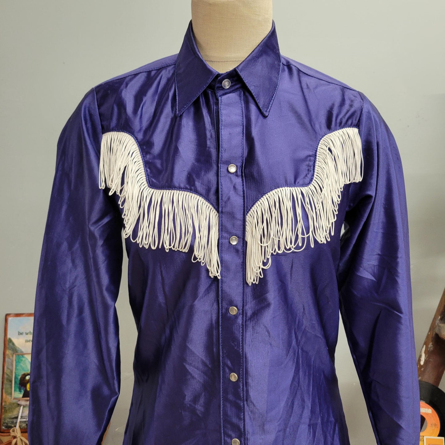 vtg 70s WESTERN FRINGE BUTTONDOWN vintage rockmount ranch wear top 15-32 tru-west usa purple cowgirl rodeo midnight cowboy cutom fitted top