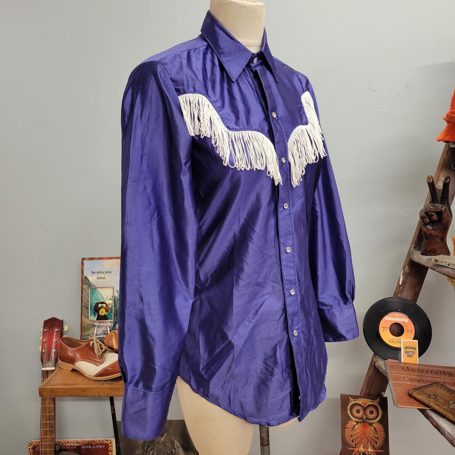 vtg 70s WESTERN FRINGE BUTTONDOWN vintage rockmount ranch wear top 15-32 tru-west usa purple cowgirl rodeo midnight cowboy cutom fitted top