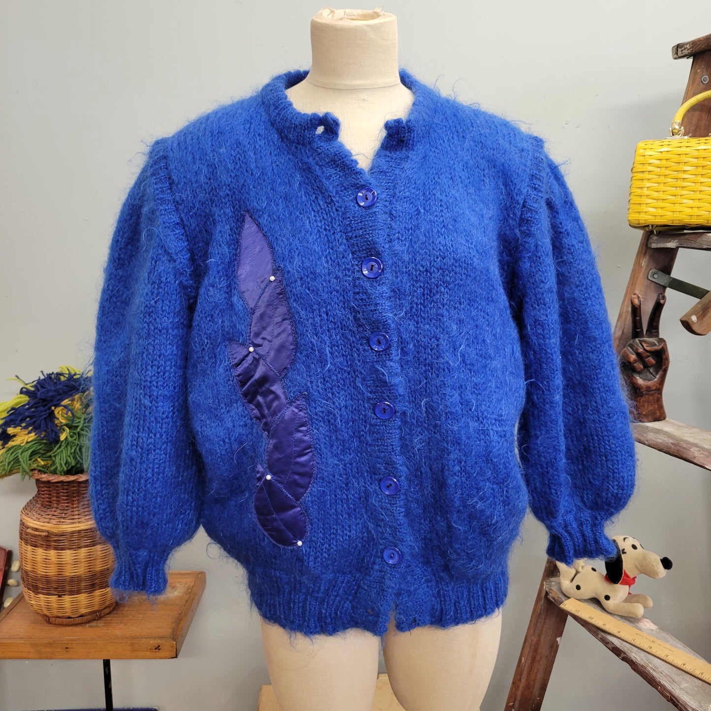 vtg 80s BLUE MOHAIR JACKET // vintage large shaggy bright jewel tones boxy sweater jacket oversized button up retro cardigan embroidered