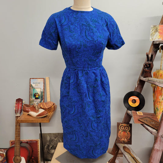 vtg 60s LANZ DAY DRESS // vintage lanz originals medium blue paisley retro mcm joan mad men style preppy sophisticated autumn wiggle dress