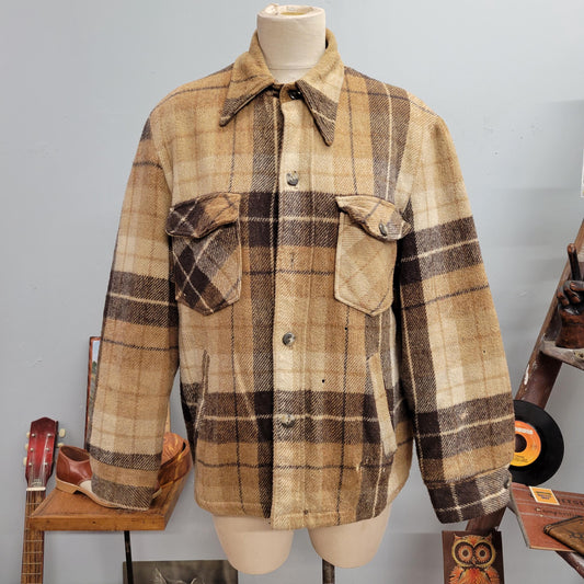 vtg 70s PLAID FLANNEL JACKET // vintage sears best outerwear medium fall autumn coat wool sherpa lined neutral tones tan western pockets
