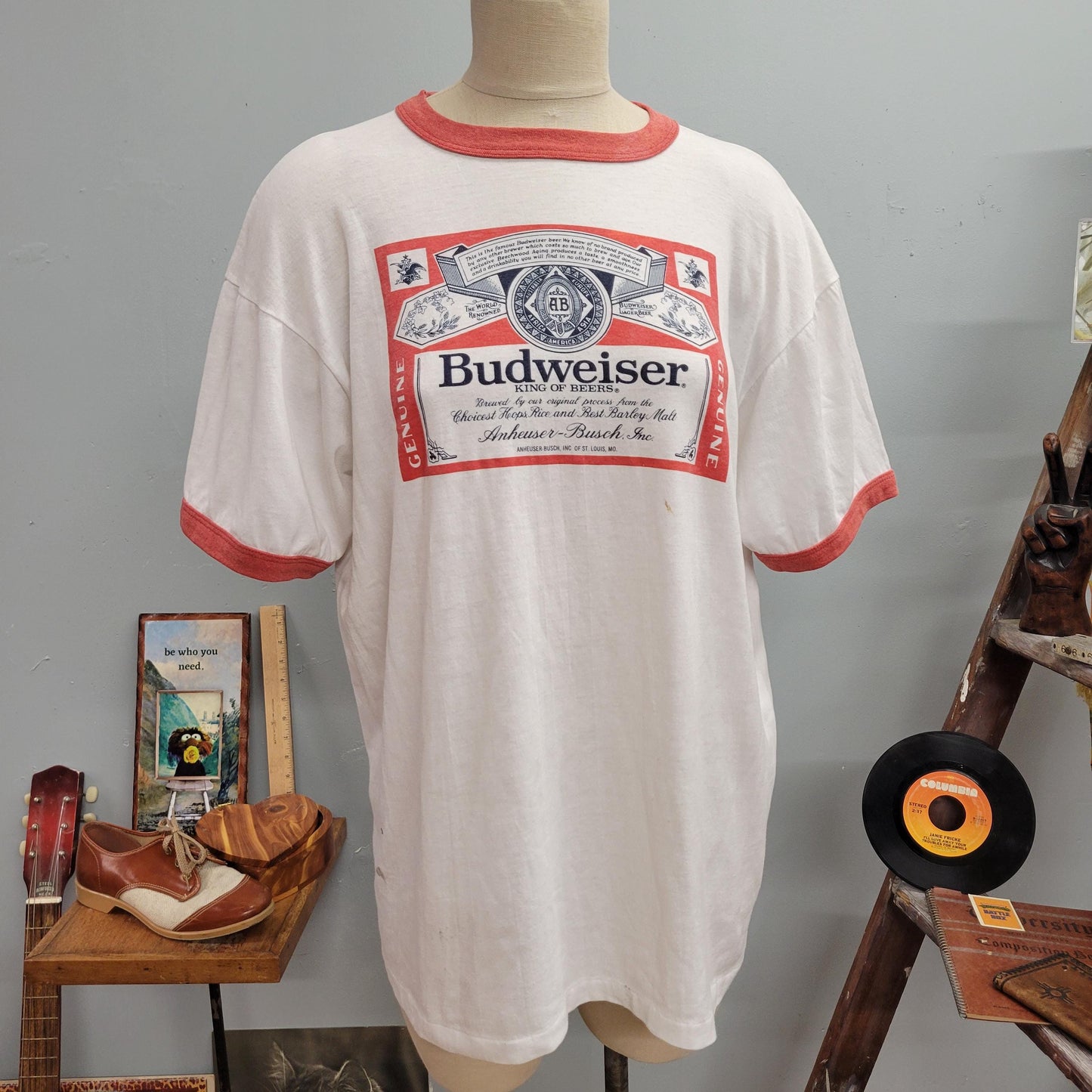 vtg 70s BUDWEISER RINGER TSHIRT // vintage xl paper thin oversized king of beers faded soft single stitch bartender beer lover retro graphic