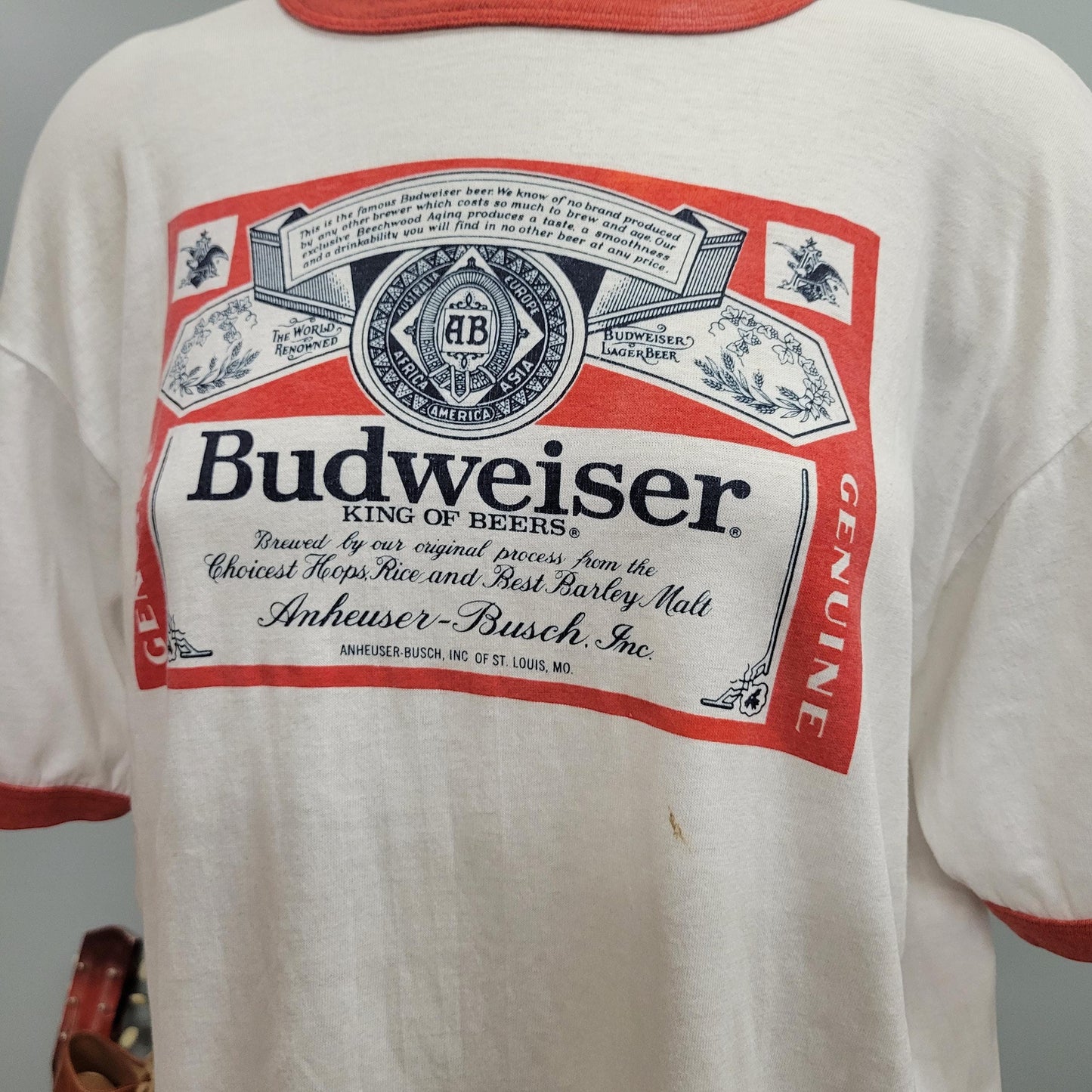 vtg 70s BUDWEISER RINGER TSHIRT // vintage xl paper thin oversized king of beers faded soft single stitch bartender beer lover retro graphic