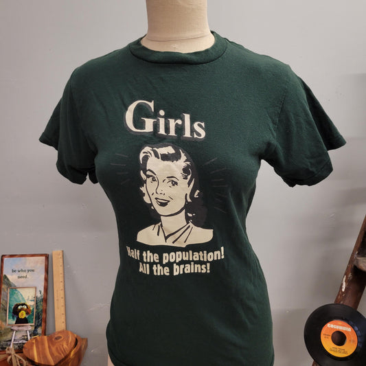 vtg 80s GIRLS TSHIRT // vintage changes youth x large feminism tee half the population, all the brains cute fitted french cut graphic tee