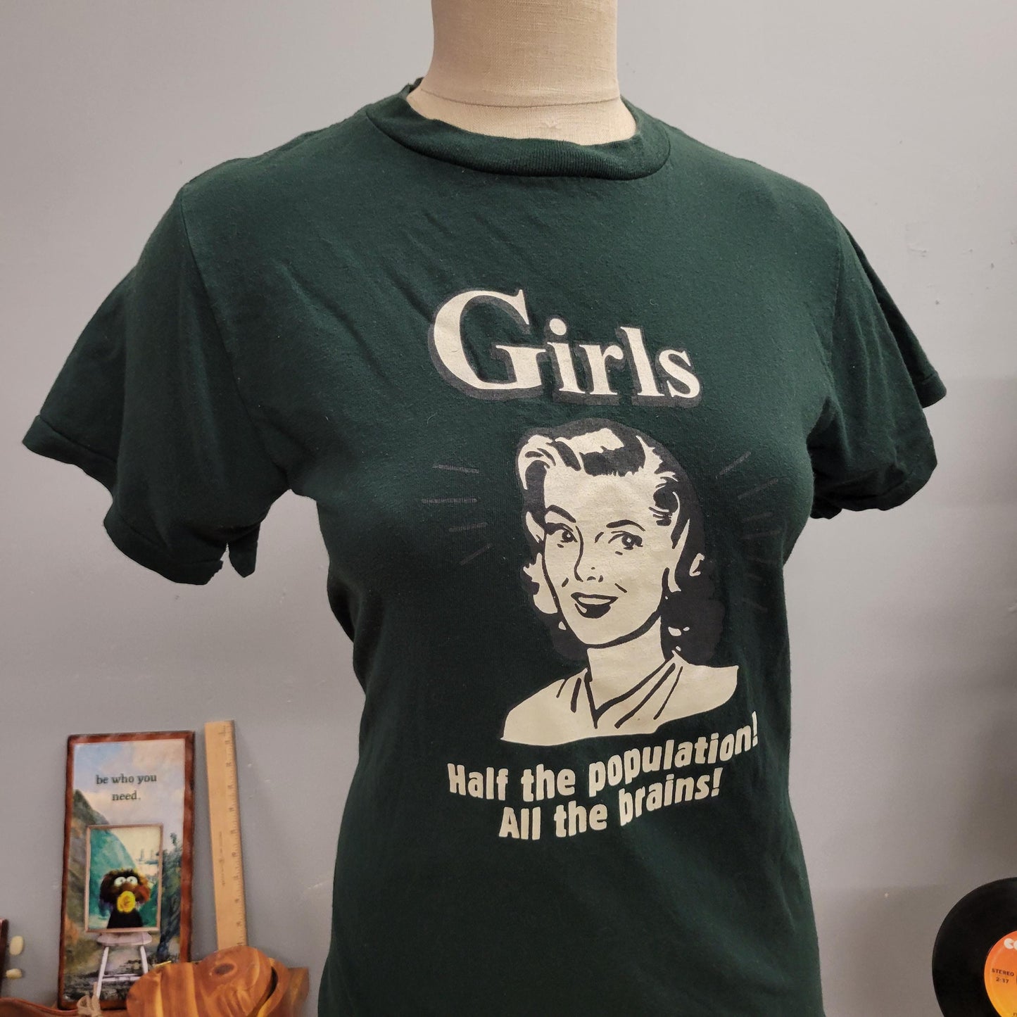 vtg 80s GIRLS TSHIRT // vintage changes youth x large feminism tee half the population, all the brains cute fitted french cut graphic tee