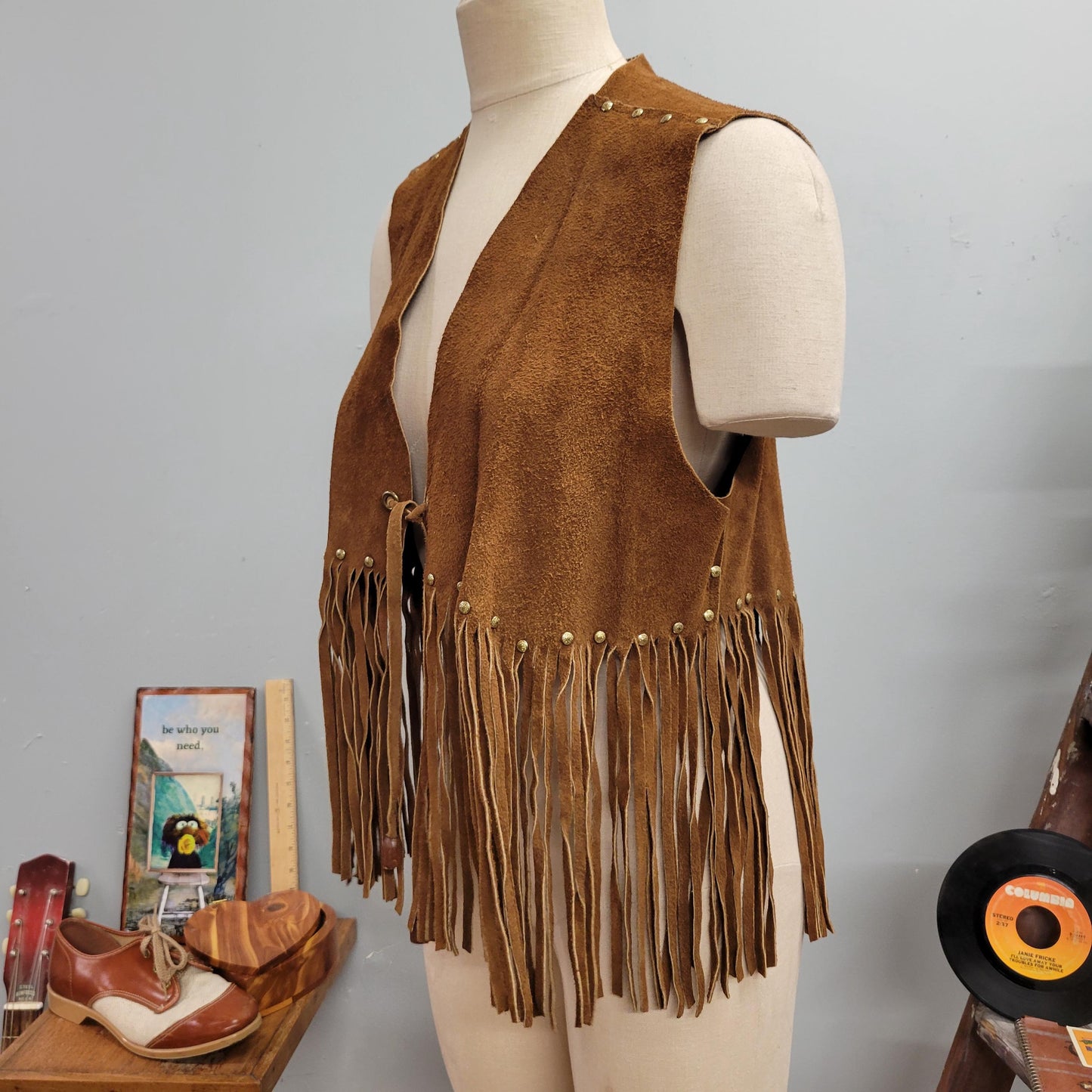 vtg 70s SUEDE FRINGE VEST // vintage western pioneer wear medium womens studded long tassel tie waist embellished beaded hippie bohemian top