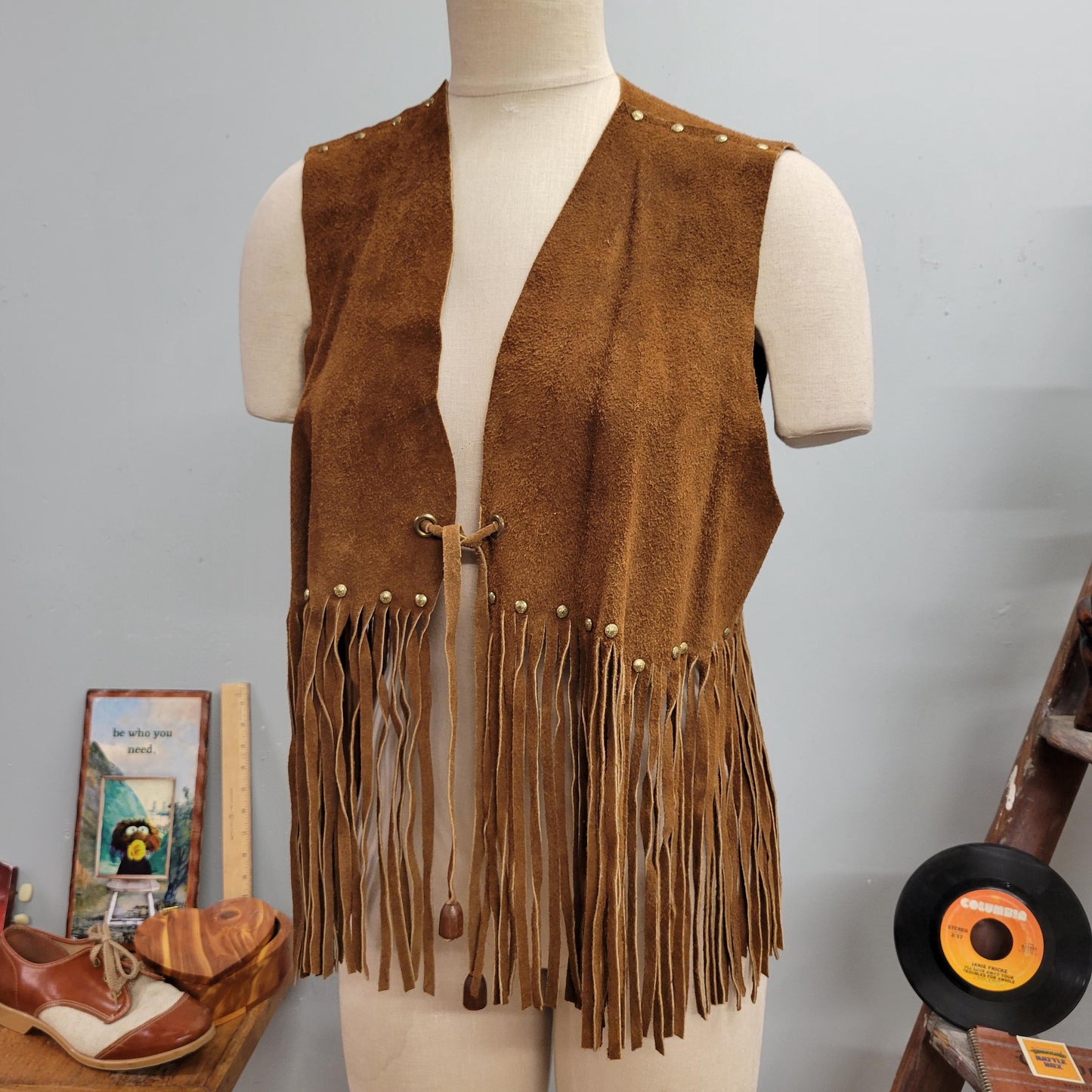 vtg 70s SUEDE FRINGE VEST // vintage western pioneer wear medium womens studded long tassel tie waist embellished beaded hippie bohemian top