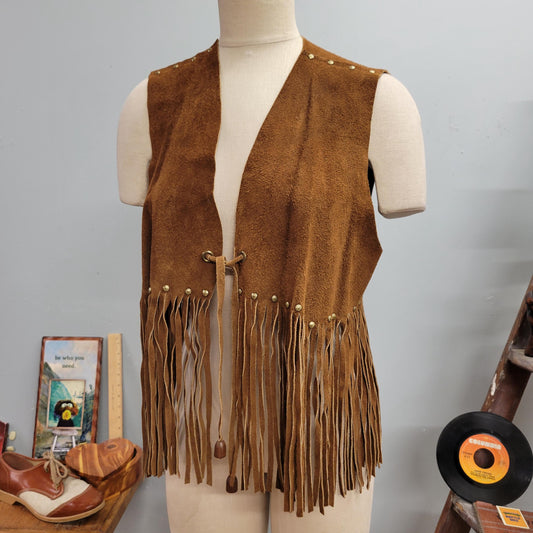 vtg 70s SUEDE FRINGE VEST // vintage western pioneer wear medium womens studded long tassel tie waist embellished beaded hippie bohemian top