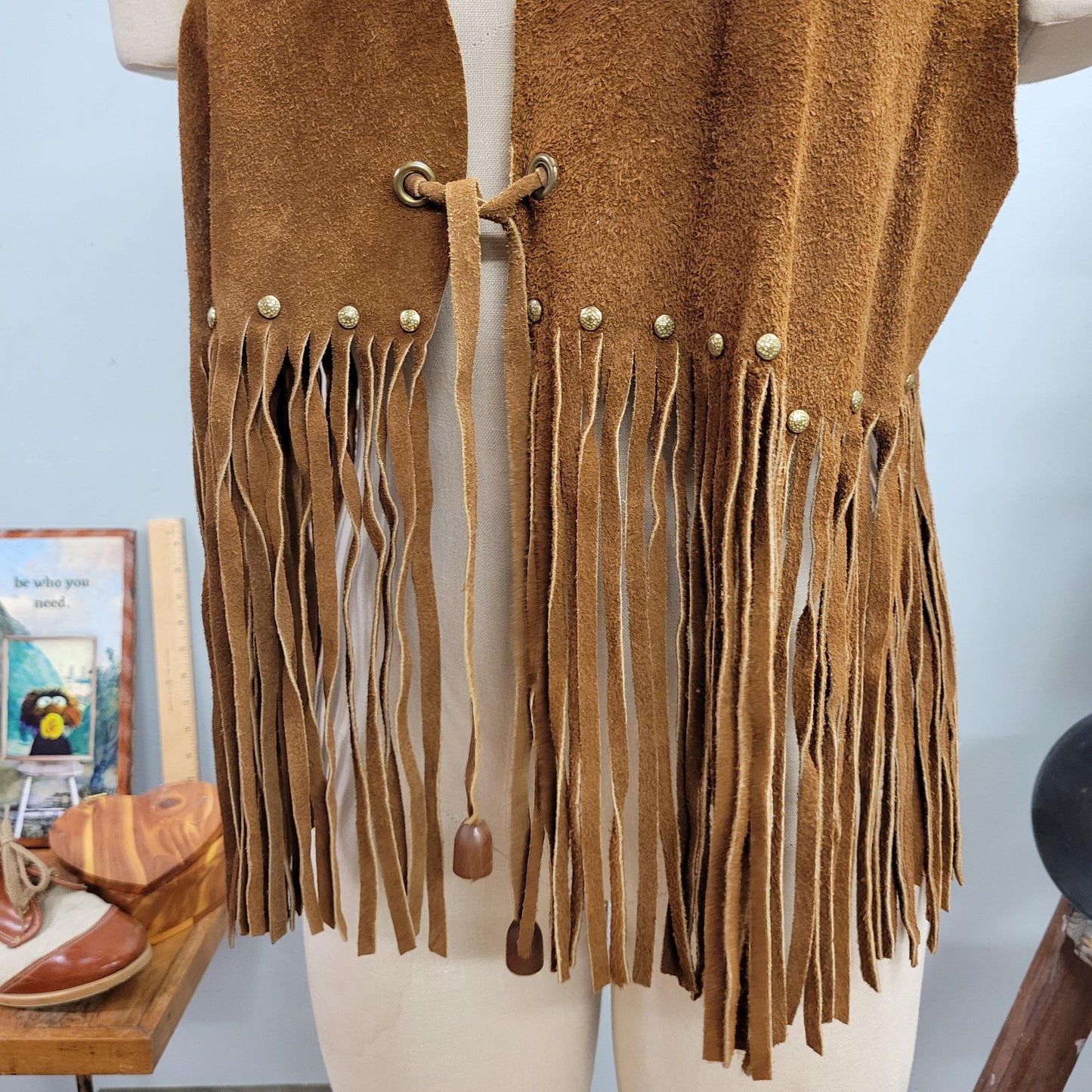 vtg 70s SUEDE FRINGE VEST // vintage western pioneer wear medium womens studded long tassel tie waist embellished beaded hippie bohemian top