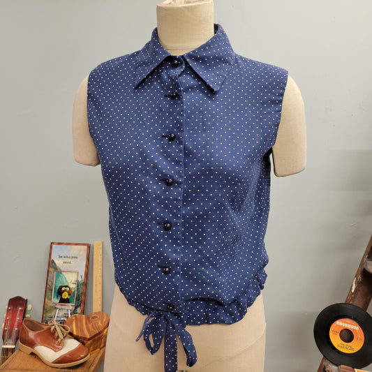 vtg 70s POLKA DOT BLOUSE / vintage sleeveless top david crystal fashion size 14 large women’s semi sheer tie waist belted retro autumn style