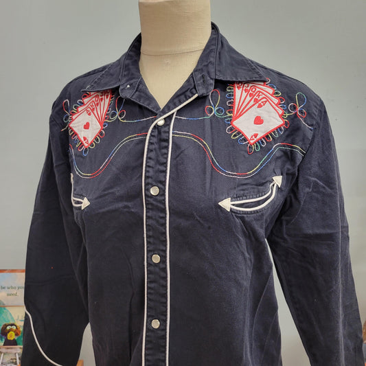 vtg 70s EMBROIDERED POKER BUTTONDOWN // vintage buffalo country small western rainbow trim royal flush h bar c style cotton pearl snap ranch