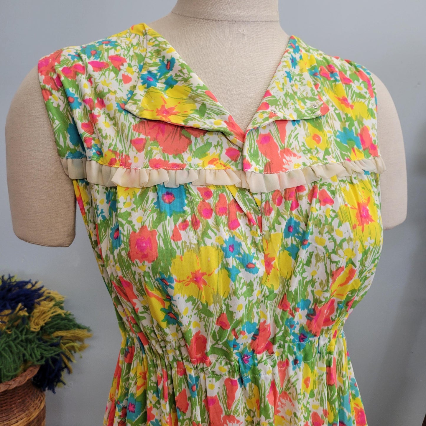 vtg 60s TWO PIECE DRESS // vintage silky outfit flower power flowy nylon jersey neon bright pastel slip dress and housecoat set nightgown