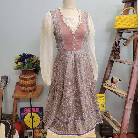 vtg 70s GUNNE SAX DRESS // vintage size 9 mauve pink velvet floral prairie dress sheer sleeve pastel cottage core calico autumn queen style