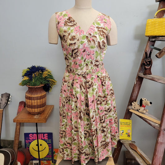 vtg 1950s FLORAL SEQUIN DRESS // vintage womens small watercolor flowers abstract monet style belted fit n flare Betty Draper cottage core