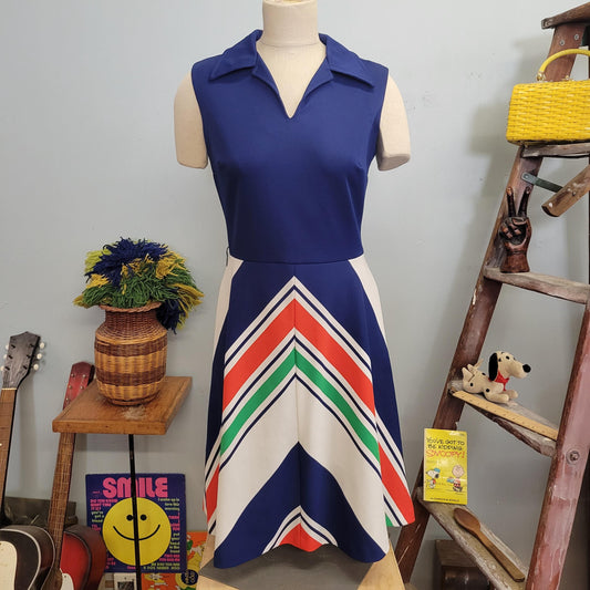 vtg 70s CHEVRON AUTUMN DRESS // vintage veron knit medium womens v neck collared mod striped midi retro fall layering geometric pattern wild