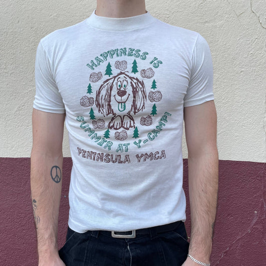 vtg 70s YMCA CAMP SHIRT / vintage youth large fit paper thin graphic Happiness is summer at Y camps puppy peninsula hand drawn retro t shirt