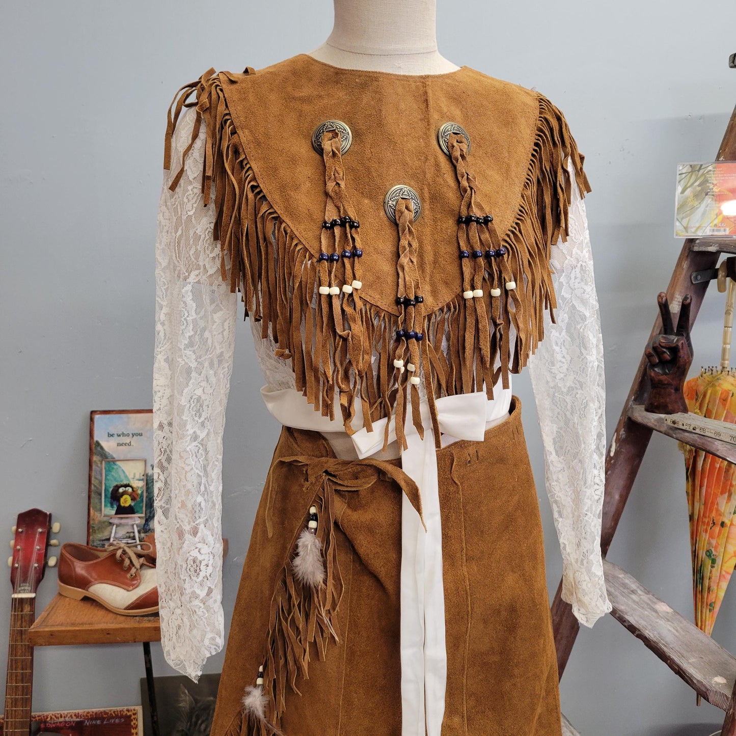 vtg 70s 2 PIECE SUEDE DRESS // vintage osfm womens wrap around buckskin skirt and matching fringe vest set metal conch feathers & beads top