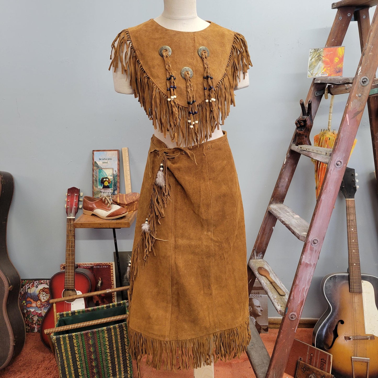 vtg 70s 2 PIECE SUEDE DRESS // vintage osfm womens wrap around buckskin skirt and matching fringe vest set metal conch feathers & beads top