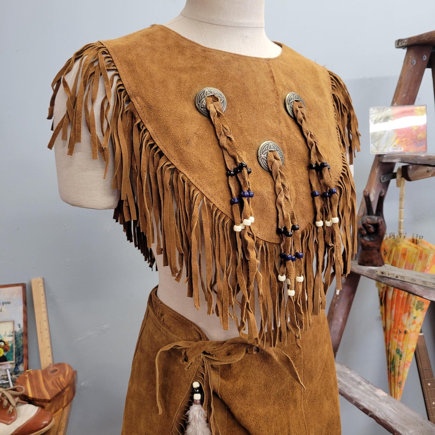 vtg 70s 2 PIECE SUEDE DRESS // vintage osfm womens wrap around buckskin skirt and matching fringe vest set metal conch feathers & beads top