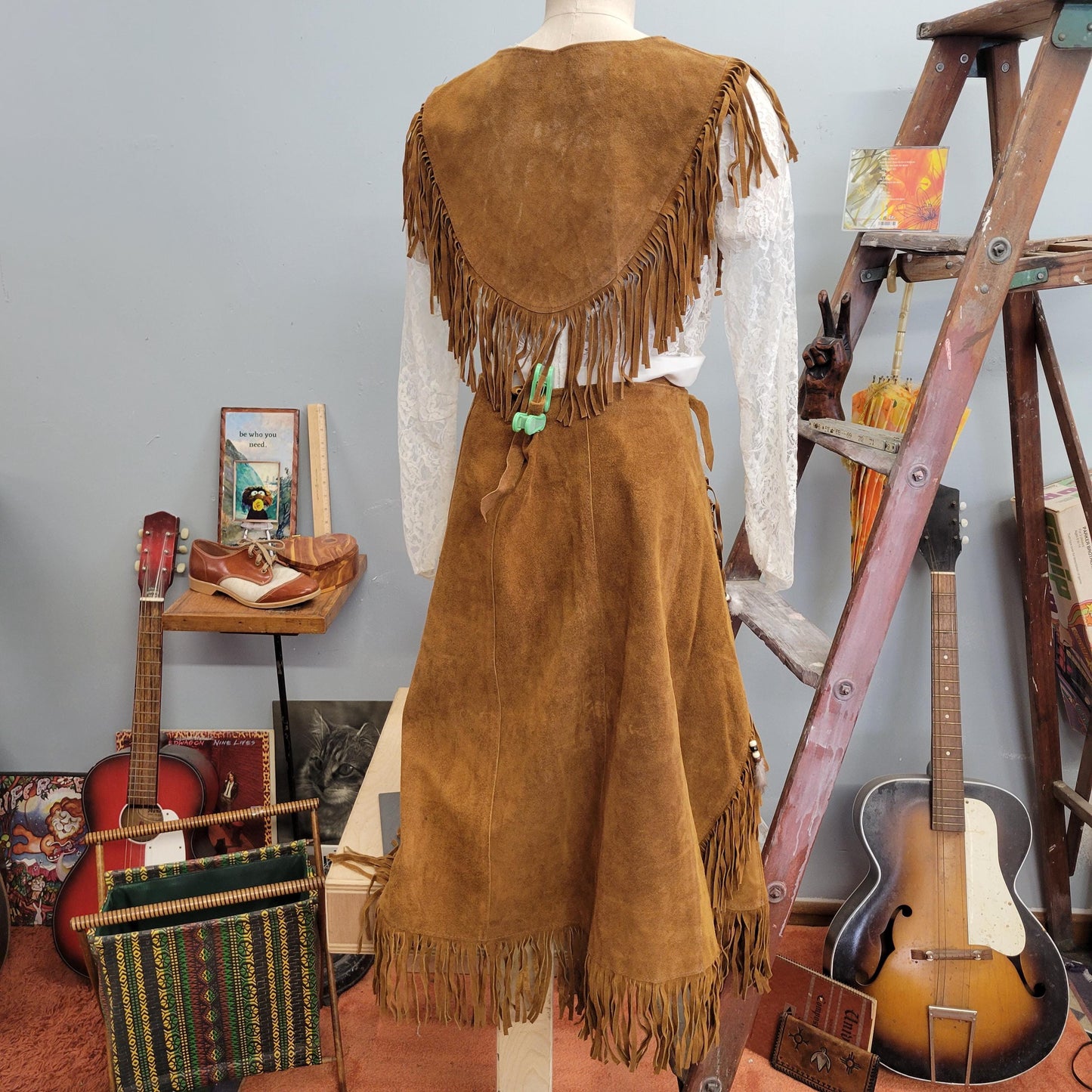 vtg 70s 2 PIECE SUEDE DRESS // vintage osfm womens wrap around buckskin skirt and matching fringe vest set metal conch feathers & beads top