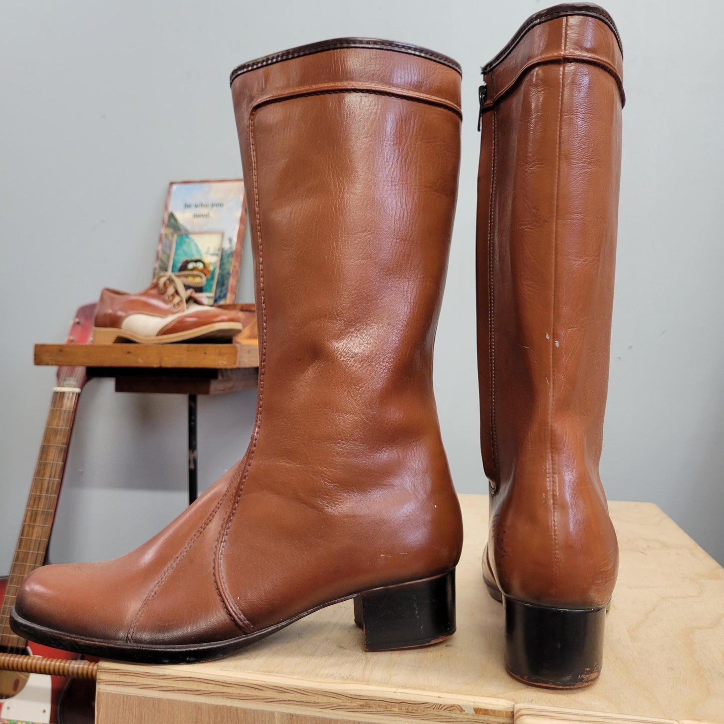 vtg 70s BROWN LEATHER BOOTS // vintage sears tan leather size 10 womens usa calf high chic autumn riding boots waterprrof fancy snow boots
