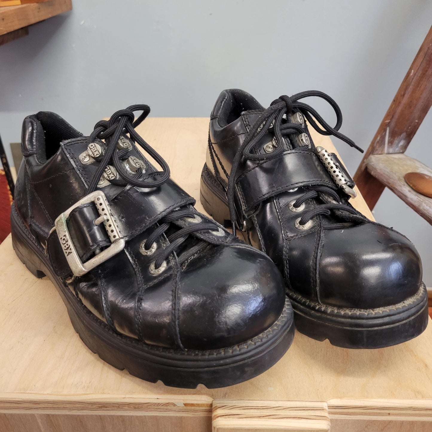 vtg 90s LEATHER BUCKLE Shoes // vintage GBX mens 12 usa dr martens style industrial goth chunky platform combat matrix style y2k alternative
