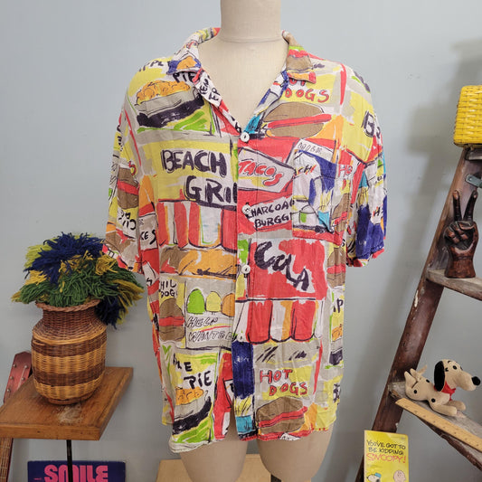 vtg 80s JAMS WORLD SHIRT // vintage rare jams world large rayon beach grill hamburger french fries pop art aop silky hawaiian oxford blouse