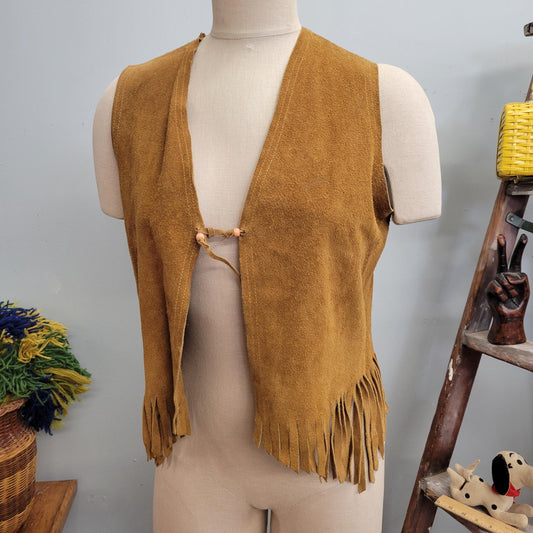 vtg 70s SUEDE FRINGE VEST / vintage medium womens leather tassel beaded tie top retro hippie bohemian woodstock rocker jimi hendrix boho top