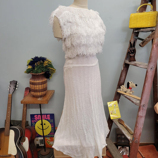vtg 70s SHAGGY KNIT DRESS // vintage miss ashlee california size 9/10 rayon shaggy white fringe fancy couture style art deco evening dress